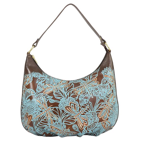 Orinal Hand-Painted Leather Ruched Hobo W, Tooled Dragonfly Meadow :P - Picture 1 of 5